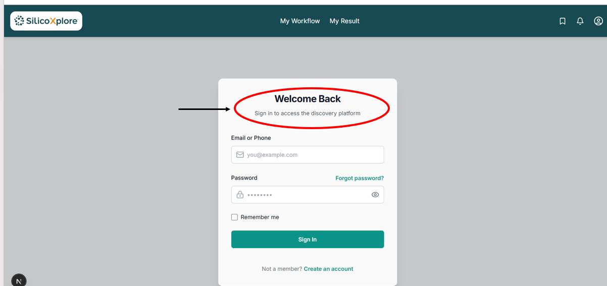 Sign-in page of the SilicoXplore platform